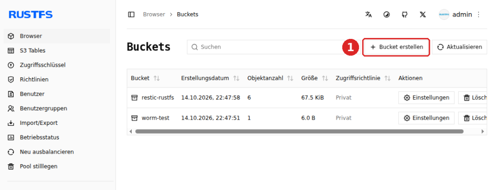 RustFS-Konsole, Seite Buckets mit den Buckets restic-rustfs und worm-test, Schaltfläche Bucket erstellen mit 1 markiert