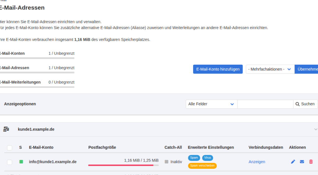 KeyHelp-Kundenbereich E-Mail-Adressen mit dem Konto info at kunde1.example.de, Postfachgröße 1,16 MiB von 1,25 MiB und rotem, fast vollem Belegungsbalken