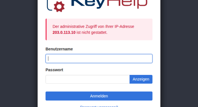 KeyHelp-Anmeldeseite mit der Meldung Der administrative Zugriff von Ihrer IP-Adresse ist nicht gestattet
