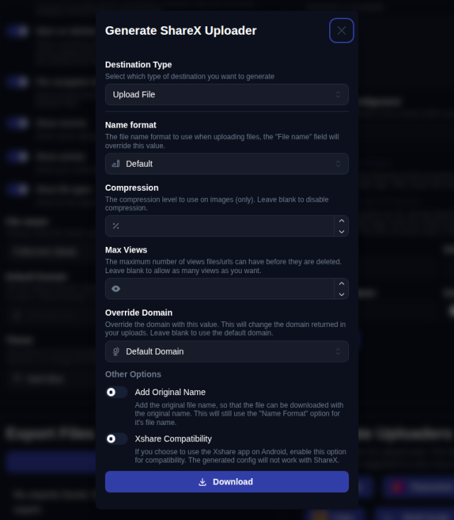Dialog Generate ShareX Uploader in Zipline mit Zieltyp, Namensformat, Kompression, Abrufgrenze und Download-Schaltfläche