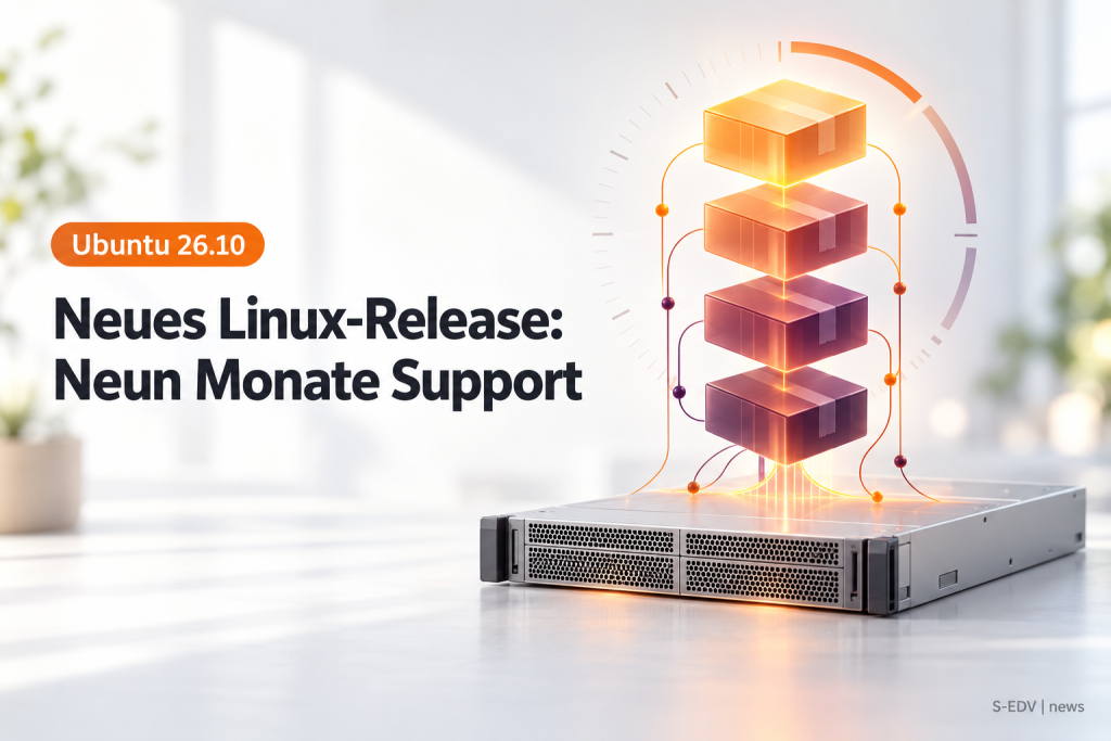 Illustration eines Servers mit gestapelten Paketsymbolen und der Überschrift Neues Linux-Release: Neun Monate Support