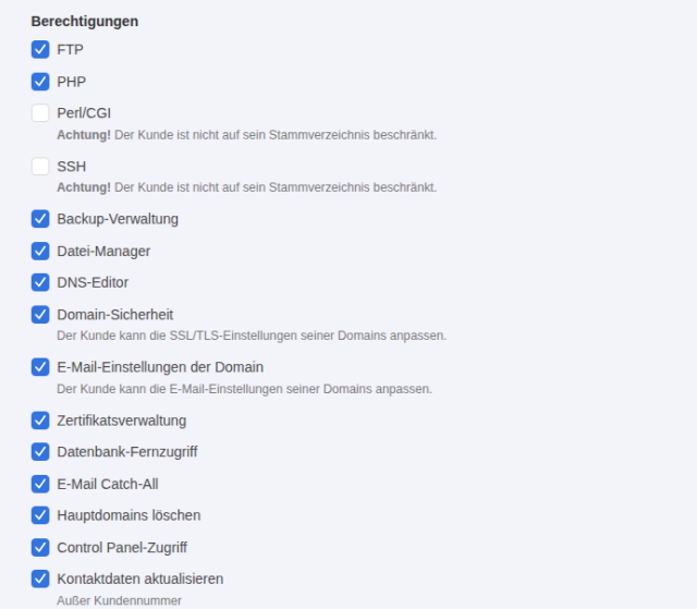 KeyHelp Kunde bearbeiten, Reiter Berechtigungen mit gesetztem Haken Backup-Verwaltung zwischen SSH und Datei-Manager