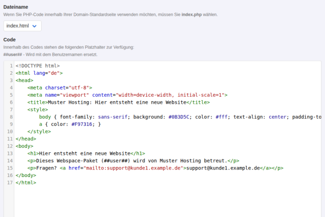 Formular Domain-Standardseite in KeyHelp mit Dateiname index.html und eigenem HTML-Code für Muster Hosting mit Platzhalter user