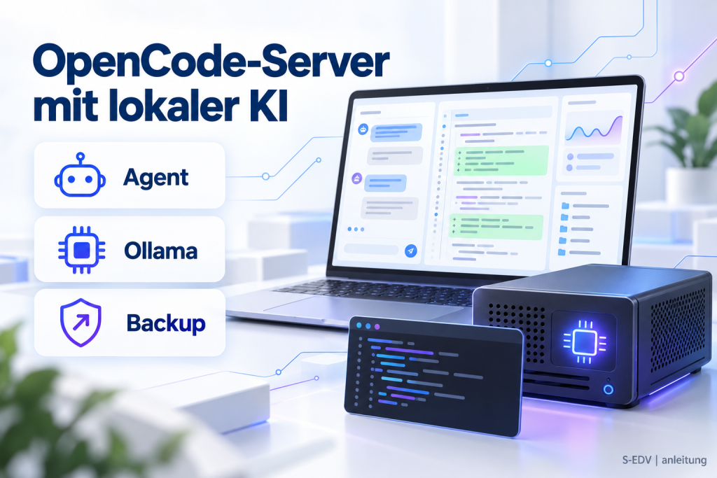 Titelbild: Schriftzug OpenCode-Server mit lokaler KI, Karten Agent, Ollama und Backup, Laptop mit Chat und Code-Diff
