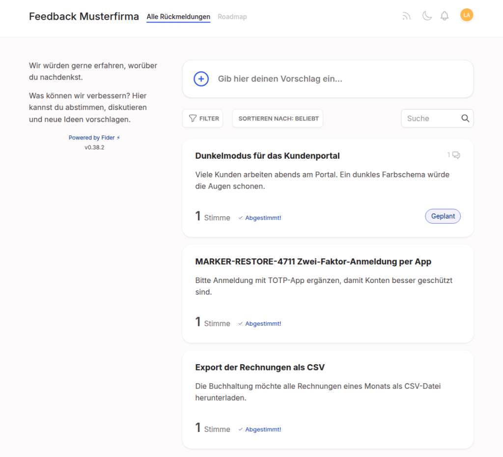 Fider-Startseite mit drei Feedback-Beiträgen, Stimmenzählern und dem Status Geplant