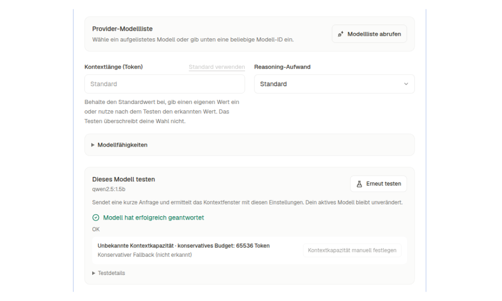 DeepTutor-Einstellungen für das Sprachmodell qwen2.5:1.5b mit erfolgreichem Verbindungstest