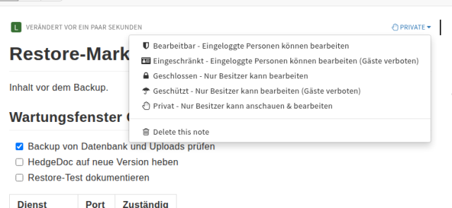 Geöffnetes Berechtigungsmenü einer Notiz mit den Stufen Bearbeitbar, Eingeschränkt, Geschlossen, Geschützt und Privat
