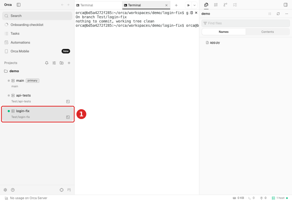 Orca-Browser-Client mit Projekt demo, den Worktrees main, api-tests und login-fix in der Seitenleiste und einem Terminal im Worktree login-fix