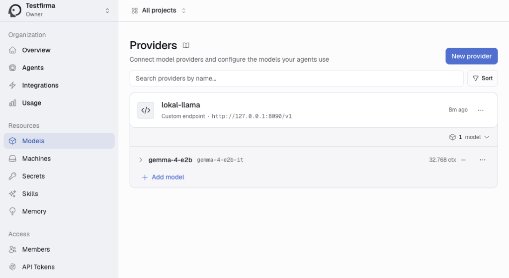 Omnara-Seite Providers mit dem Anbieter lokal-llama auf http://127.0.0.1:8090/v1 und dem Modell gemma-4-e2b mit 32.768 Token Kontext