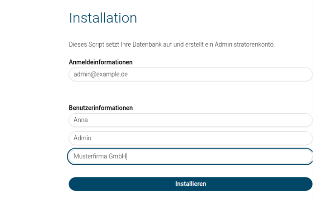 Leantime-Installationsformular mit E-Mail-Adresse, Vorname, Nachname, Firma und Schaltfläche Installieren