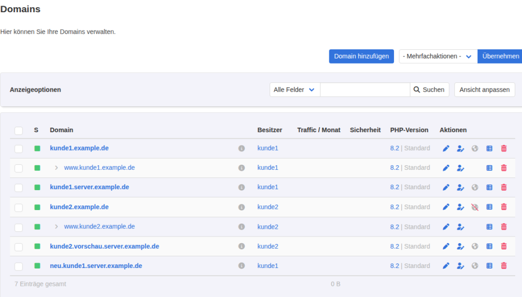 KeyHelp-Domainliste mit kunde1.server.example.de, kunde2.vorschau.server.example.de, neu.kunde1.server.example.de und den echten Domains kunde1.example.de und kunde2.example.de