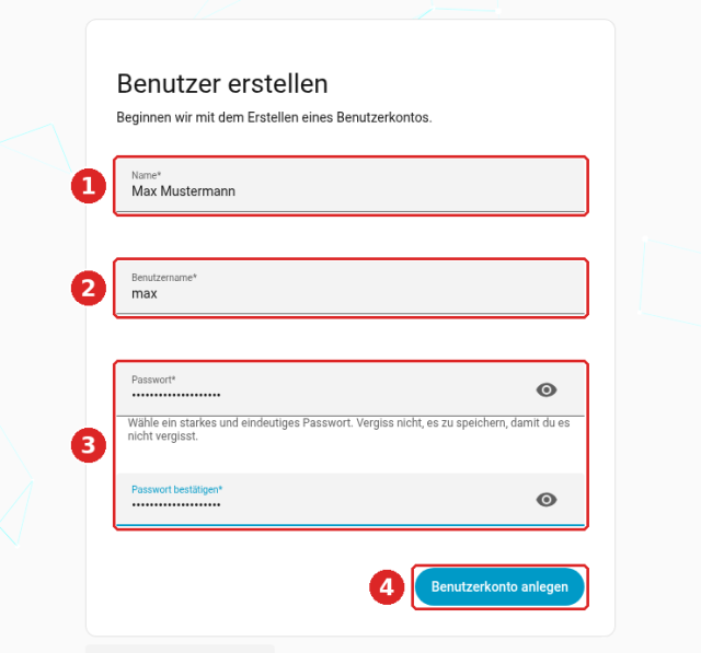 Home-Assistant-Onboarding, Benutzer erstellen: Felder Name (1), Benutzername (2), Passwort und Passwort bestätigen (3), Schaltfläche Benutzerkonto anlegen (4)