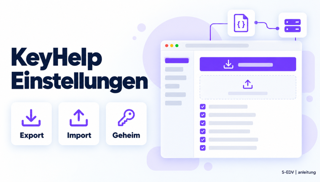 Illustration eines Hosting-Panels mit der Überschrift KeyHelp Einstellungen und den Karten Export, Import, Geheim