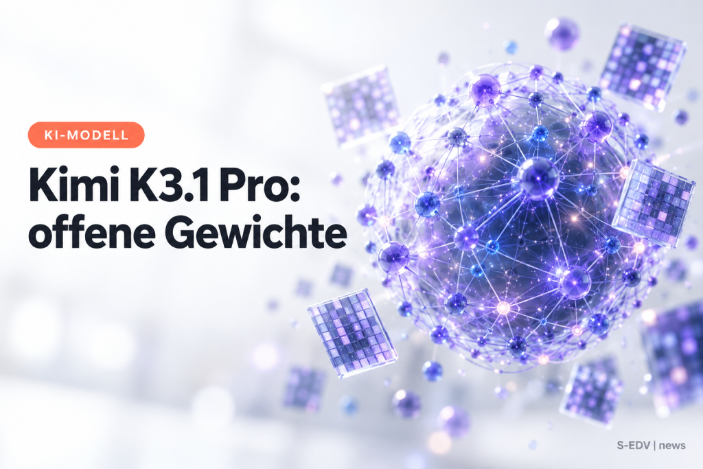 Abstrakte leuchtende Netzwerk-Sphäre mit der Überschrift Kimi K3.1 Pro: offene Gewichte