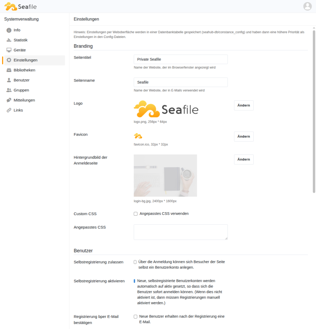 Seafile-Systemverwaltung, Einstellungen: Branding und Benutzer mit ausgeschalteter Selbstregistrierung