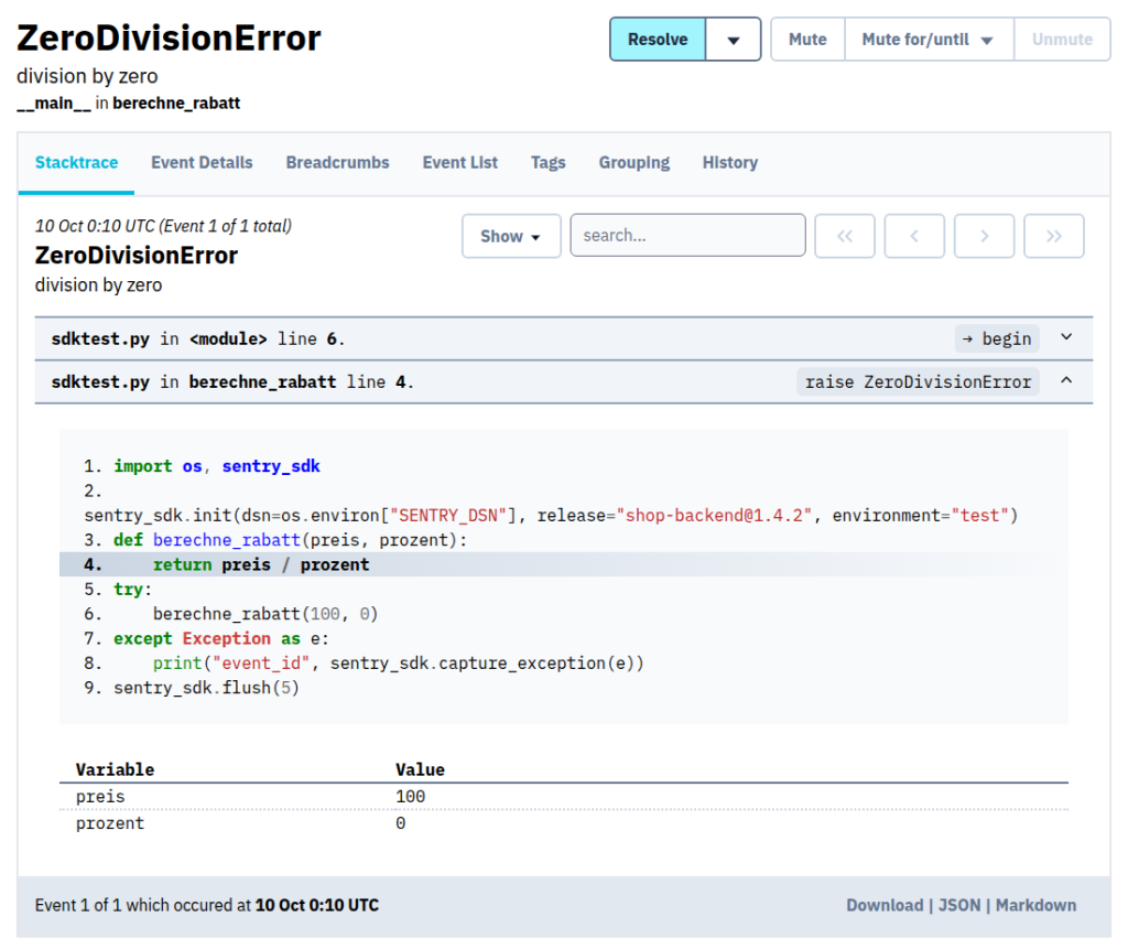 Bugsink-Issueansicht eines ZeroDivisionError mit Quelltextausschnitt, markierter Zeile und lokalen Variablen preis und prozent
