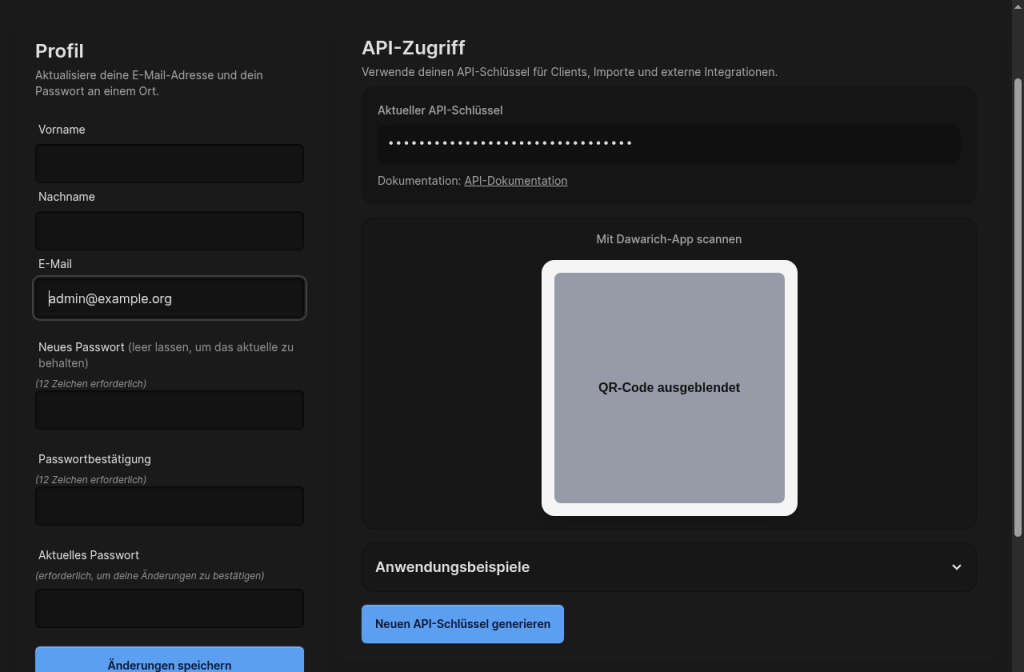 Profilseite von Dawarich mit dem Bereich API-Zugriff, der API-Schlüssel ist maskiert und der QR-Code ausgeblendet