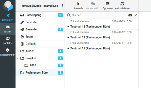 Roundcube im neuen Postfach umzug at kunde1.example.de mit den Ordnern Posteingang 8, Gesendet 2, Archiv 1, Projekte 1 mit Unterordner 2026, Rechnungen Büro 3 und drei Testmails im Ordner Rechnungen Büro