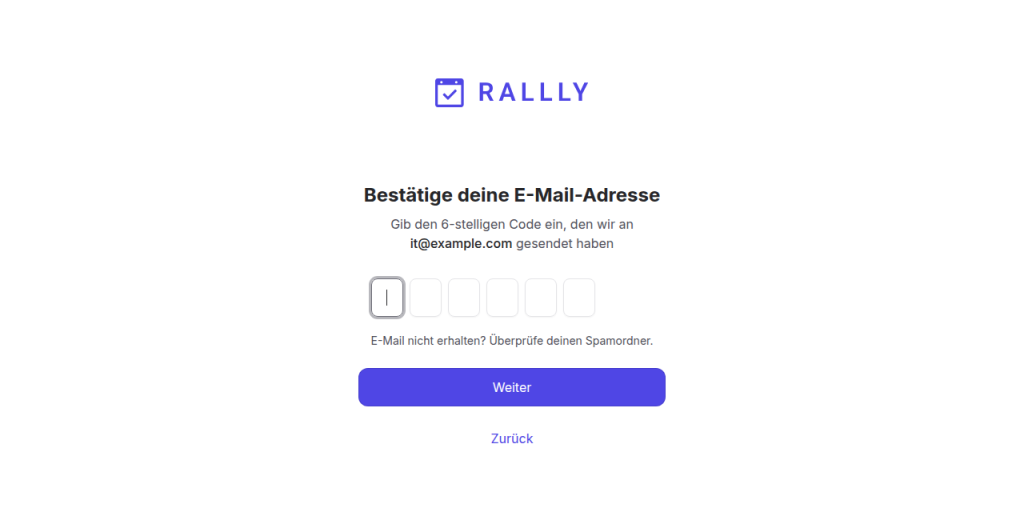 Rallly-Anmeldeseite mit sechs Feldern für den per E-Mail zugestellten Bestätigungscode