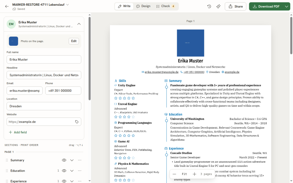 Editor von Reactive Resume mit Eingabefeldern links und Live-Vorschau eines Lebenslaufs rechts, oben die Schaltfläche Download PDF