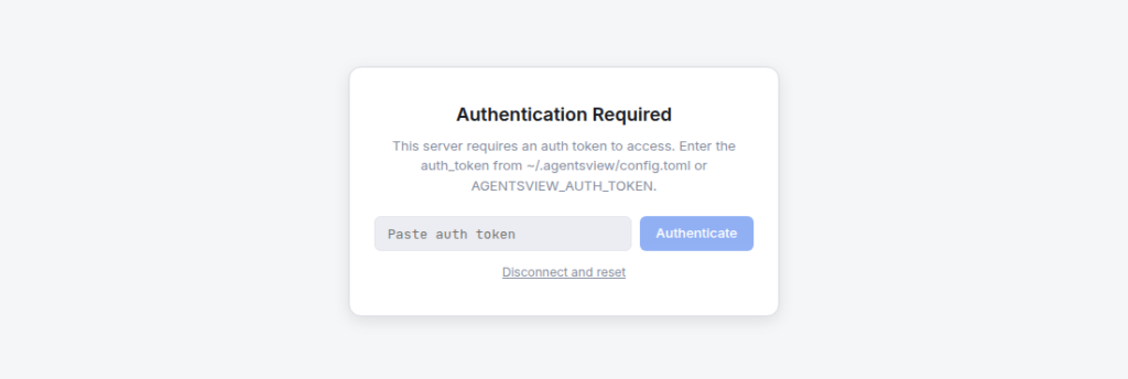 Anmeldedialog von agentsview mit der Aufforderung, das auth_token einzugeben