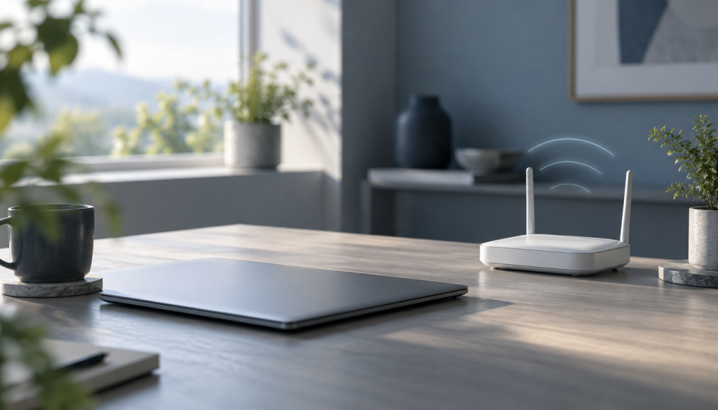 Geschlossener Laptop und weißer WLAN Router mit Funkwellen auf einem Schreibtisch in hellem Büro mit Pflanzen