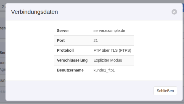 KeyHelp-Dialog Verbindungsdaten mit Server server.example.de, Port 21, Protokoll FTP über TLS (FTPS), Verschlüsselung Expliziter Modus und Benutzername kunde1_ftp1
