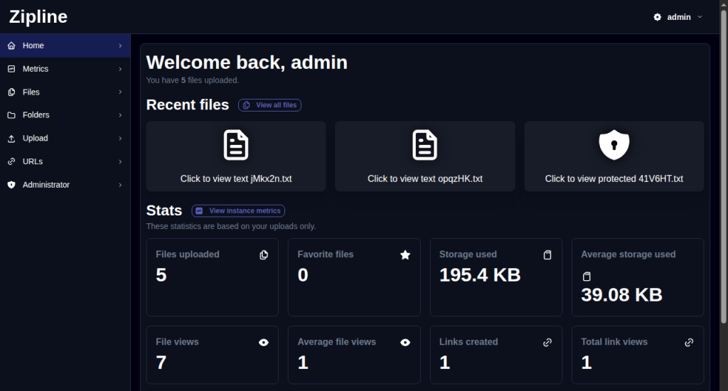 Zipline-Dashboard nach der Anmeldung mit zuletzt hochgeladenen Dateien und Upload-Statistik