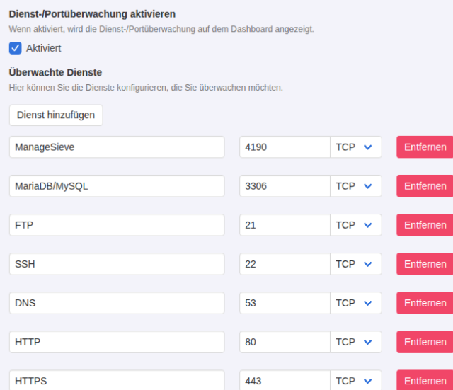 KeyHelp-Konfiguration Dienst-/Portüberwachung mit Haken Aktiviert und Liste überwachter Dienste mit Name, Port und Protokoll