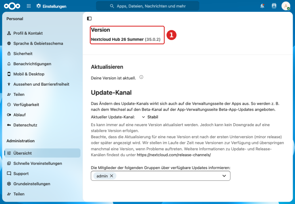 Nextcloud-Verwaltung, Übersicht: Abschnitt Version mit Nextcloud Hub 26 Summer (35.0.2) nach dem Upgrade