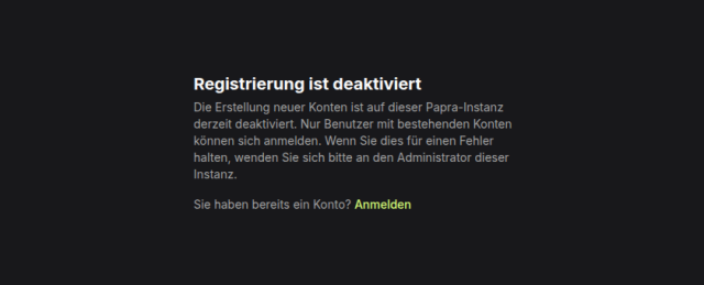 Papra-Seite Registrierung ist deaktiviert nach dem Abschalten der Selbstregistrierung