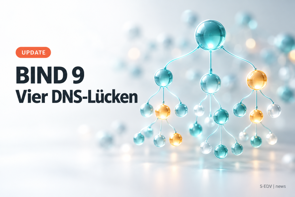 Symbolbild: leuchtende DNS-Baumstruktur aus Glaskugeln mit einzelnen hervorgehobenen Knoten, daneben die Überschrift BIND 9 Vier DNS-Lücken