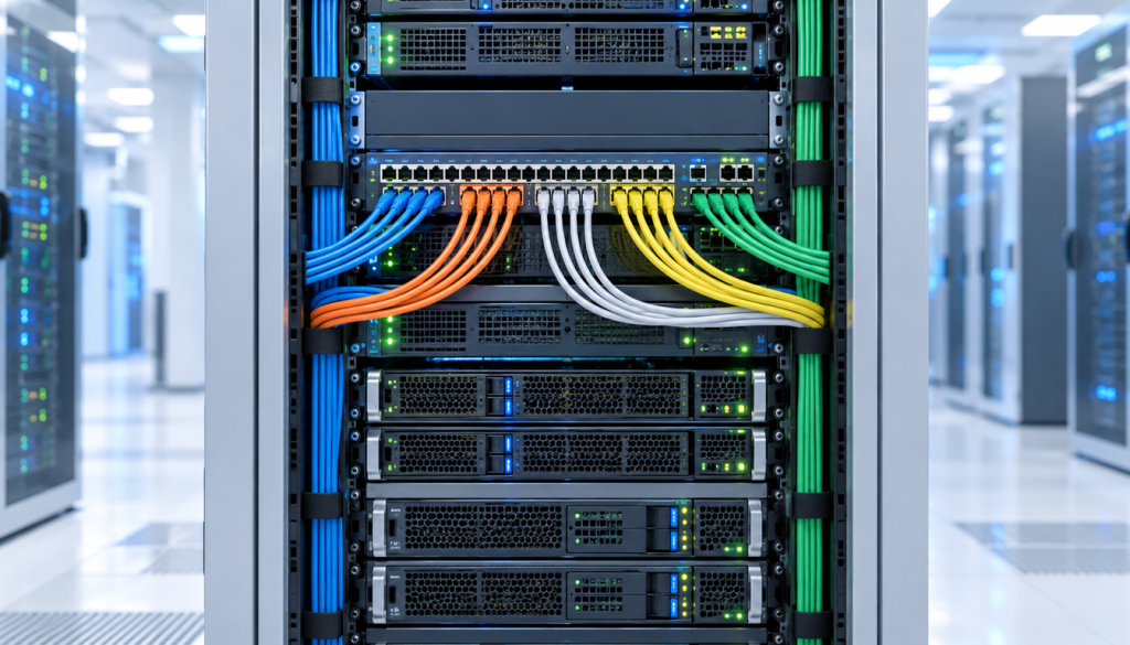 Serverschrank mit bunten Netzwerkkabeln, die von einem zentralen Patchfeld zu mehreren Servereinschüben führen