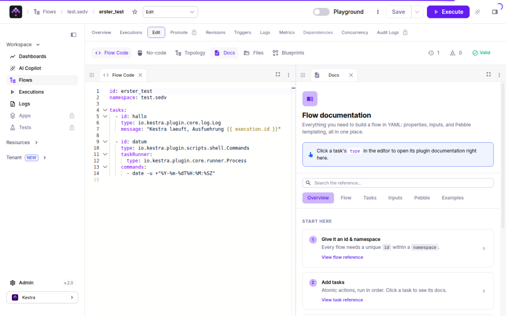 Kestra-Flow-Editor mit dem YAML des Flows erster_test und dem Status Valid