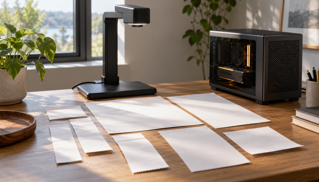Holzschreibtisch mit Dokumentenkamera, kompaktem Computergehäuse und ausgelegten leeren Belegen und Papierbögen