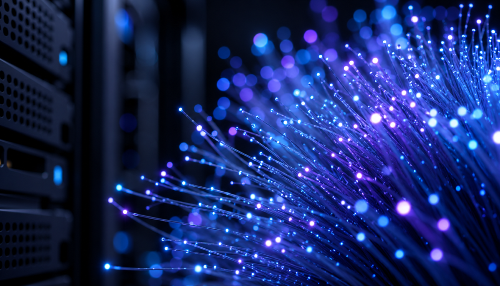Leuchtende Glasfaserstränge in Blau und Violett neben einem Server-Rack im Rechenzentrum