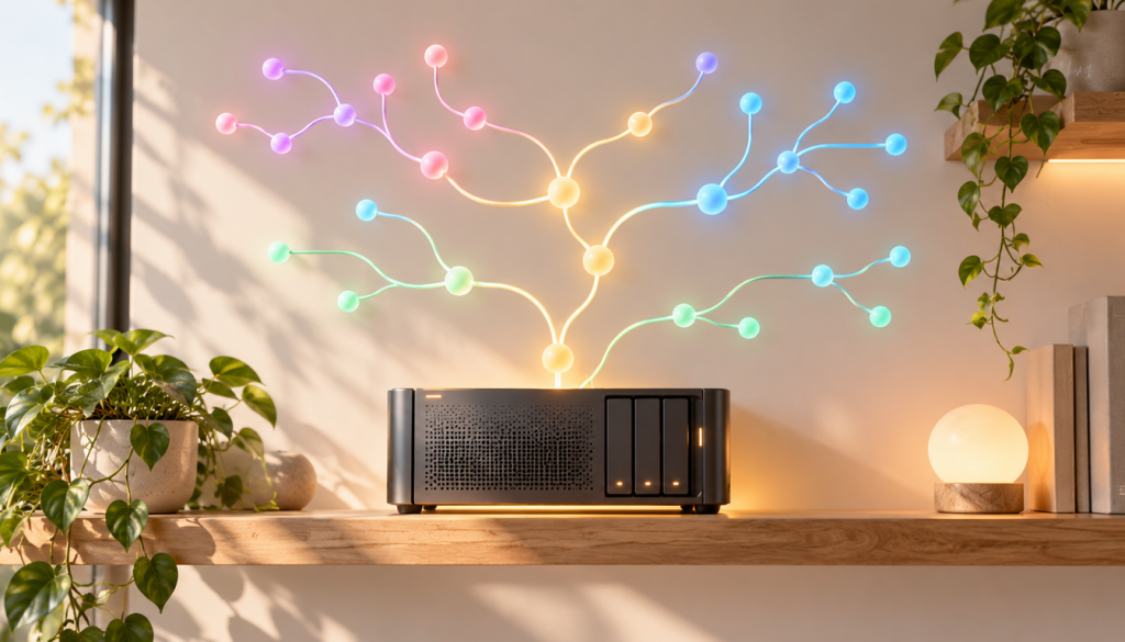 Kompaktes Speichergerät auf Holzregal, darüber ein bunt leuchtendes Netzwerk aus Lichtpunkten, umgeben von Pflanzen