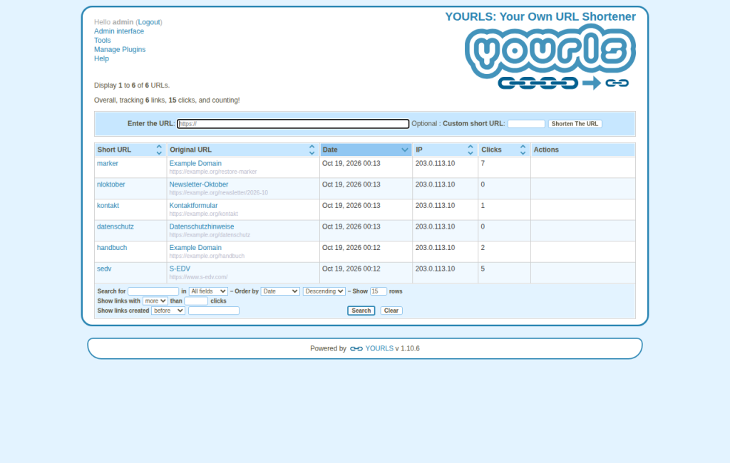 YOURLS-Adminoberfläche mit sechs Kurzlinks, Klickzahlen und Formular zum Kürzen neuer Adressen