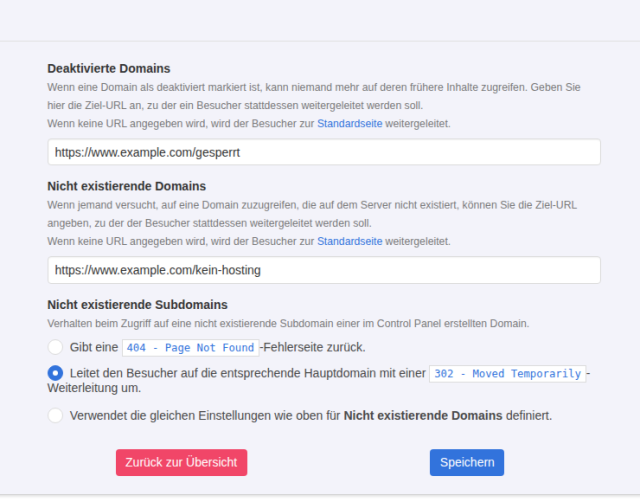 KeyHelp-Einstellungen Verhalten nicht verfügbarer Domains mit Ziel-URLs für deaktivierte und nicht existierende Domains und 302-Weiterleitung für Subdomains