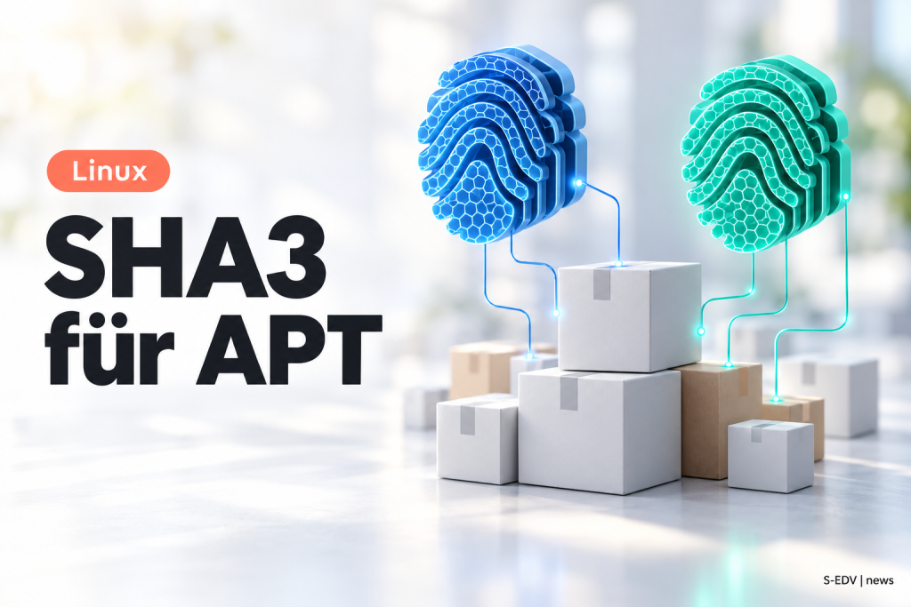 Zwei Fingerabdruck-Symbole in Blau und Türkis über Paketkartons mit der Überschrift SHA3 für APT