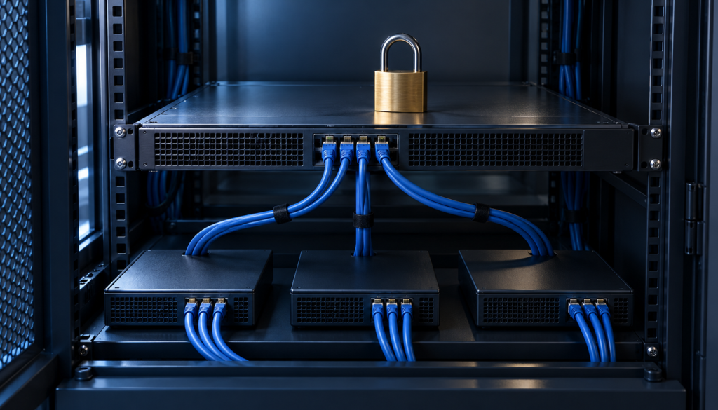 Serverschrank mit Messingvorhängeschloss auf einem Switch, blaue Netzwerkkabel führen zu drei kleinen Geräten darunter