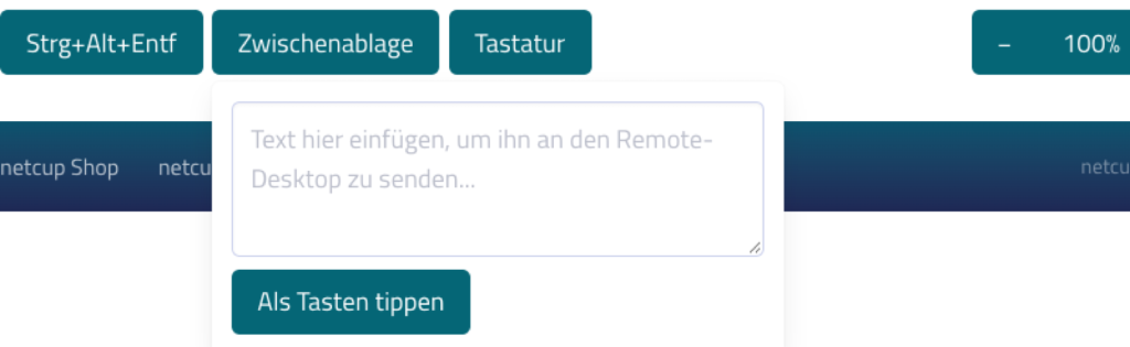 Geöffnete Zwischenablage der VNC-Konsole im netcup SCP mit Textfeld und Schaltfläche Als Tasten tippen
