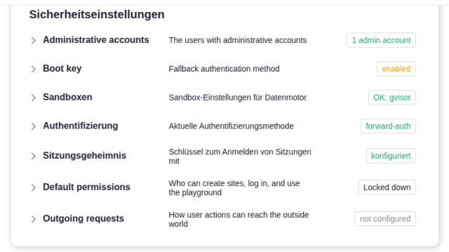 Sicherheitseinstellungen im Grist-Admin-Bereich mit Forward-Auth und gVisor