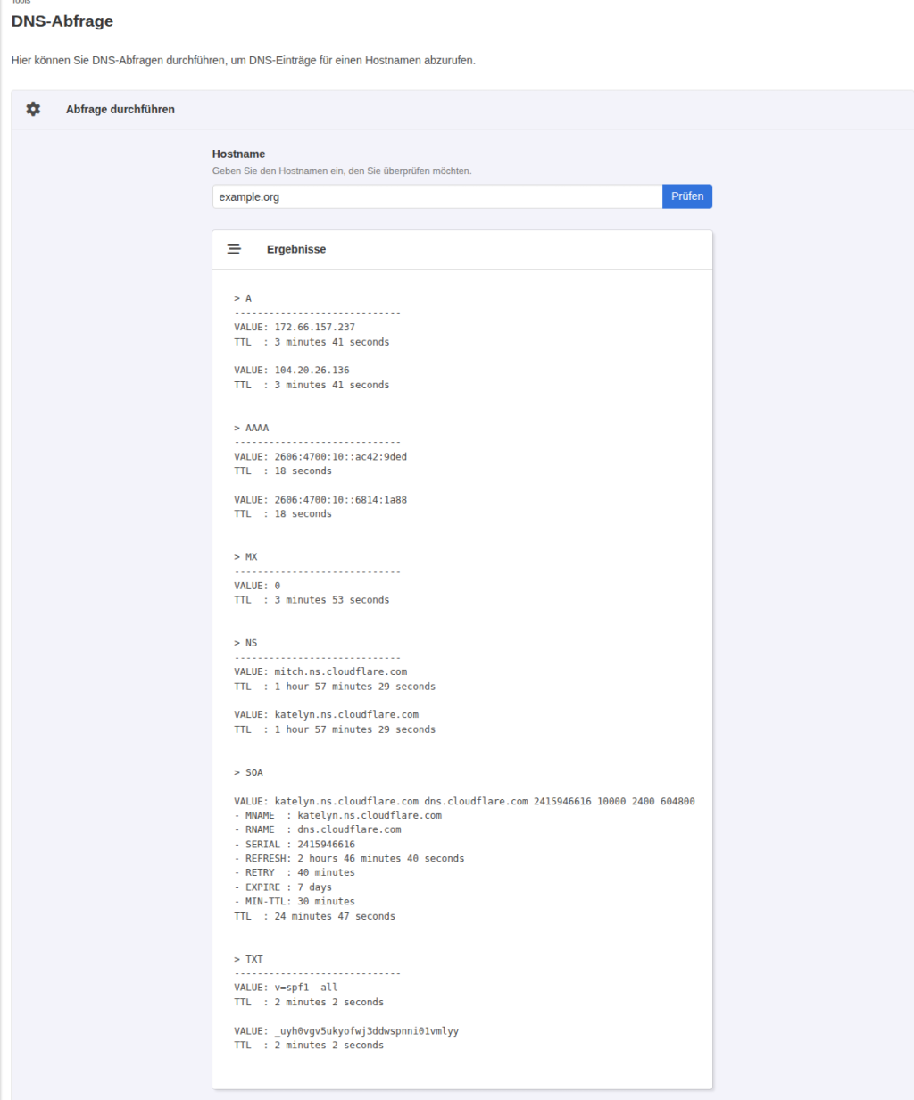KeyHelp-Werkzeug DNS-Abfrage mit Hostname example.org und Ergebnissen für A, AAAA, MX mit Wert 0, NS, SOA und TXT mit v=spf1 -all