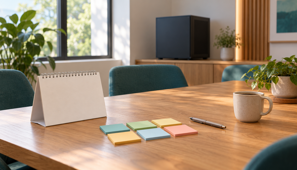 Holztisch im hellen Büro mit leerem Tischkalender, bunten Haftnotizen, Kugelschreiber, Kaffeetasse und Grünpflanzen