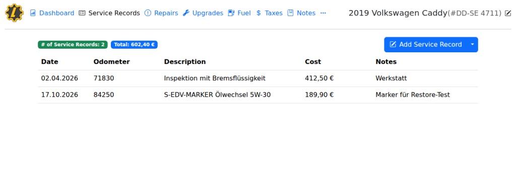 Reiter Service Records eines Fahrzeugs mit zwei Wartungseinträgen und Gesamtkosten
