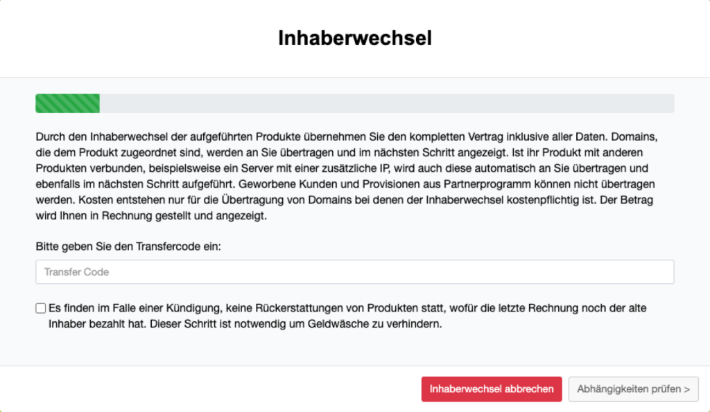 Dialog Inhaberwechsel im netcup CCP mit Hinweisen, Feld Transfercode und Schaltfläche Abhängigkeiten prüfen