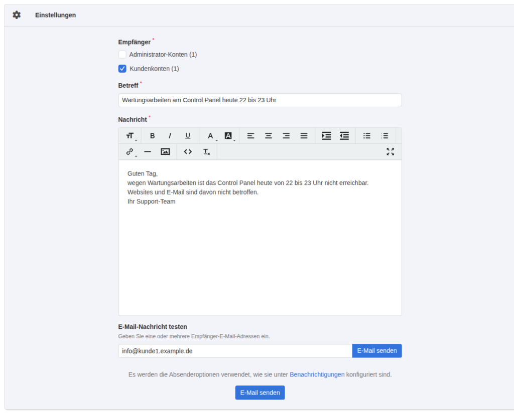 KeyHelp-Formular E-Mail an alle Benutzer mit Empfänger Kundenkonten, Betreff und Nachricht zur Wartung