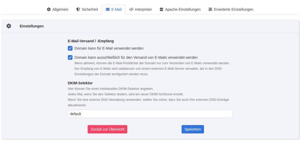 KeyHelp Domain bearbeiten, Reiter E-Mail: beide Optionen Domain kann für E-Mail verwendet werden und Domain kann ausschließlich für den Versand von E-Mails verwendet werden sind angehakt, darunter der DKIM-Selektor default