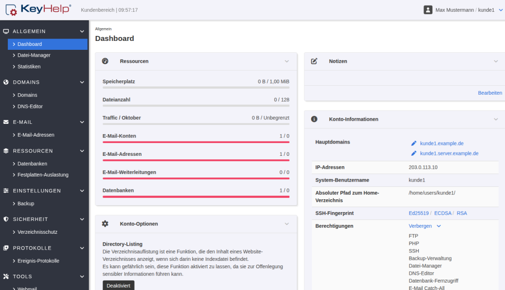 KeyHelp-Kundendashboard mit Menüpunkt DNS-Editor und aufgeklappter Liste der Berechtigungen inklusive SSH und Datenbank-Fernzugriff